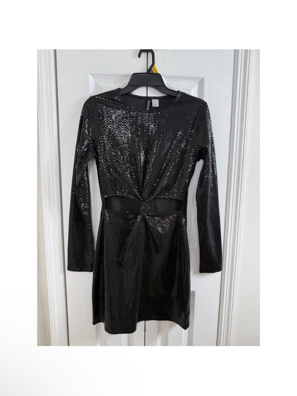 Black Sequin Long-Sleeve Twist Cutout Dress